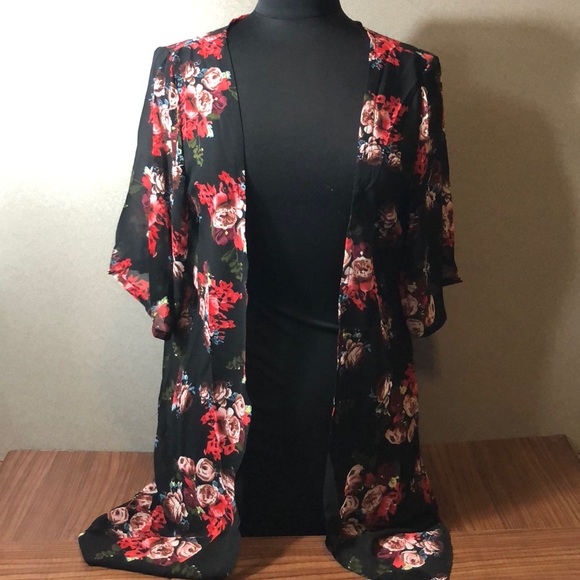 Semi Sheer Black Red Roses Kimono Open Cardigan - Picture 3 of 5